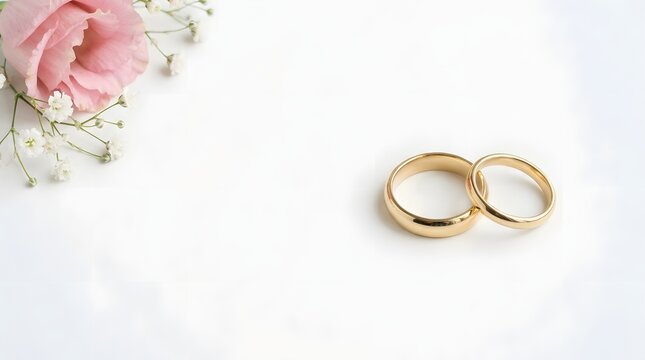 Elegant gold wedding rings with pink flower on white background