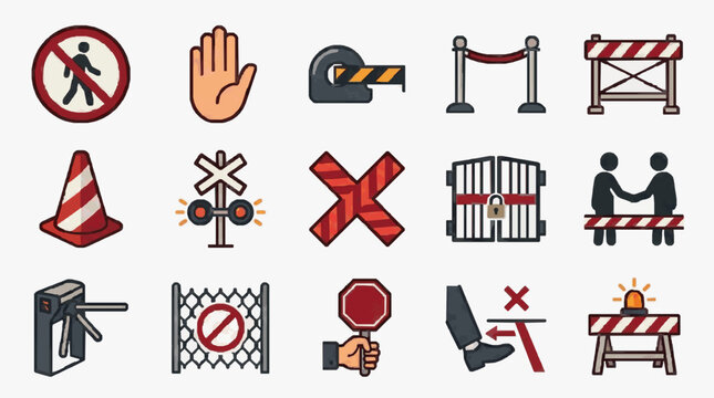 Professional Icons Set of 15 Prohibited and Restricted Activity Symbols in Red and Black with high quality professional line art symbols for modern creative design and digital branding projects