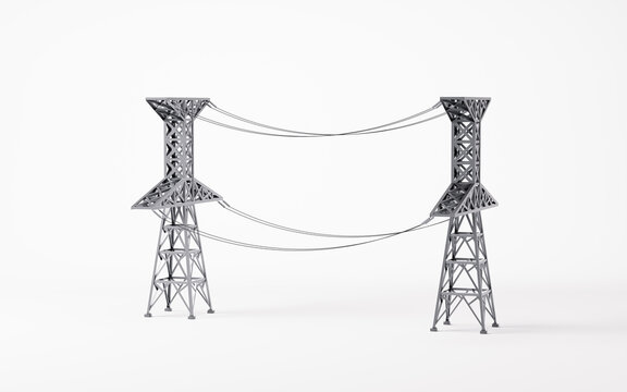Power lines between the transmission towers, 3d rendering.