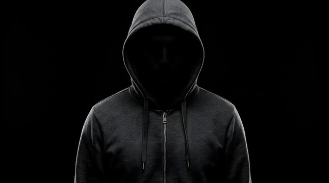 Mysterious hooded figure in dark shadowy environment
