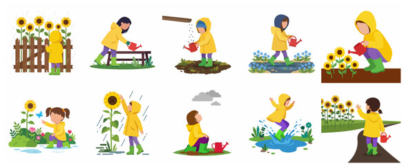Fototapeta premium Little Girl in Yellow Raincoat Gardening and Playing in the Rain Vector Illustration Set