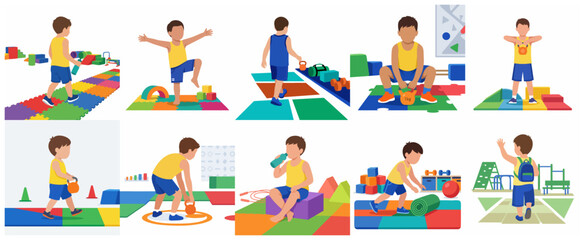 Fototapeta premium Child physical activity and exercise vector illustration set, young boy practicing fitness with kettlebells, balancing, and workout routines in a colorful kids gym environment.