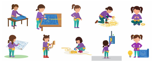 Fototapeta premium Set of little girl characters performing various electrical technician and engineering tasks, STEM education and future career concept