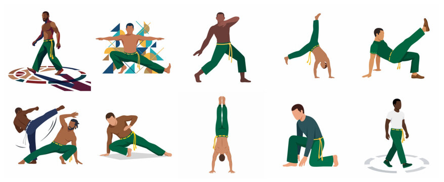 Collection of flat vector illustrations showcasing men performing various Capoeira martial arts movements, acrobatics, and poses from Brazil