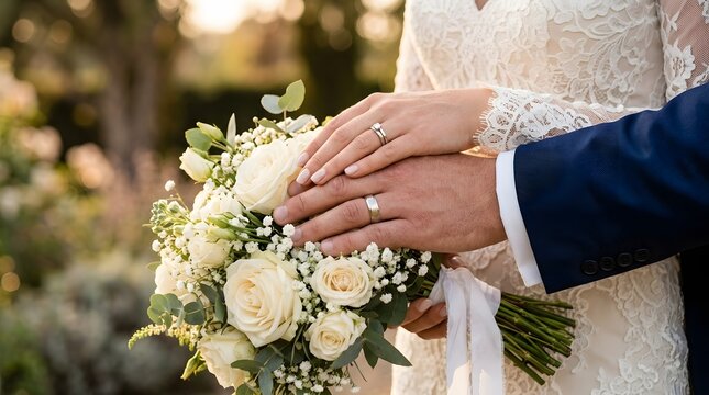 Bride and groom holding hands with wedding rings and bouquet outdoors