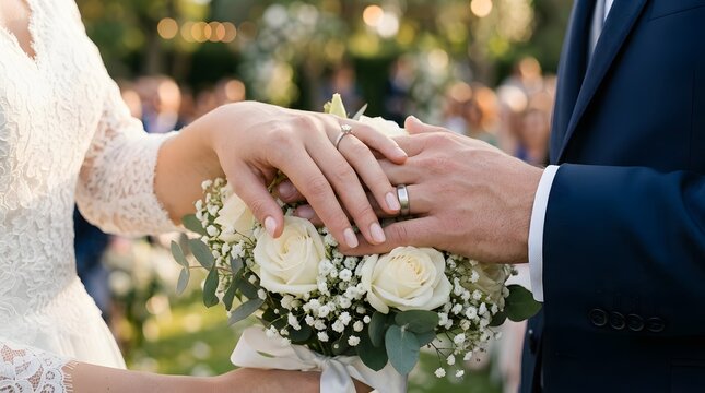 Bride and groom exchanging rings during outdoor wedding ceremony
