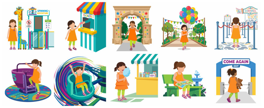 Flat vector illustration set of a little girl enjoying various activities at an amusement park and carnival