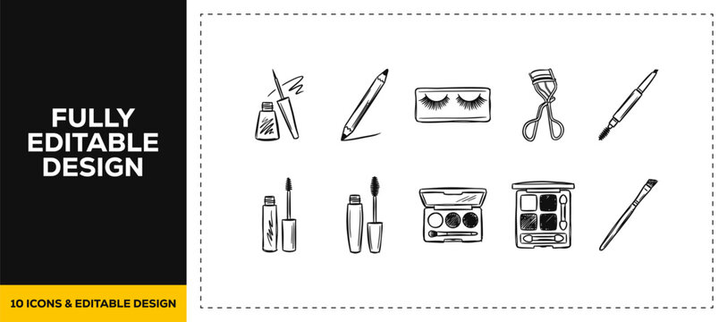 Black ink scribble hand drawn eye care and makeup tool icon set bundle featuring doodle sketch vector illustrations for optical clinic and beauty salon branding design art res.