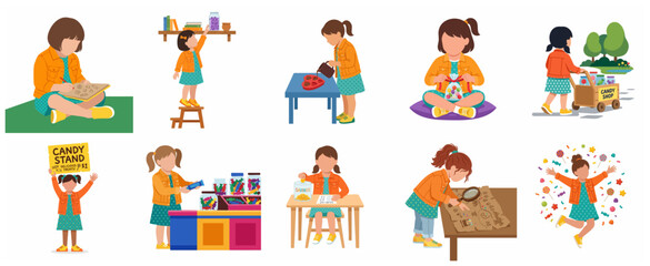 Fototapeta premium Vector illustration set of a young girl entrepreneur starting and managing her own candy shop business