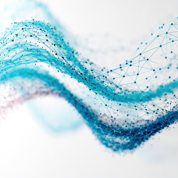 Blue flowing abstract network connecting digital data wave