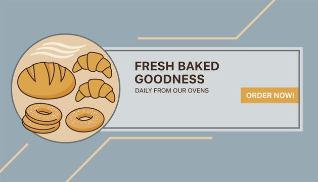 Freshly baked goodness promotional banner featuring bread, croissants, and donuts with an order now button.