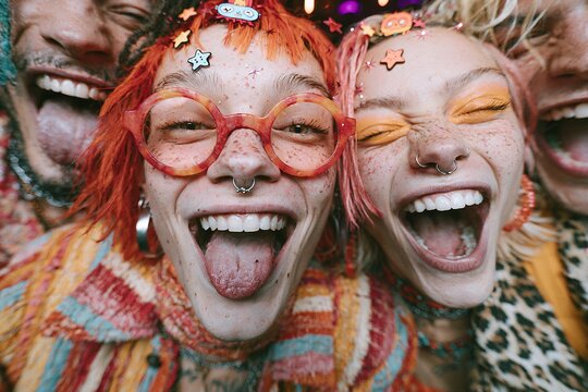 Joyful young friends sticking out tongues, laughing together
