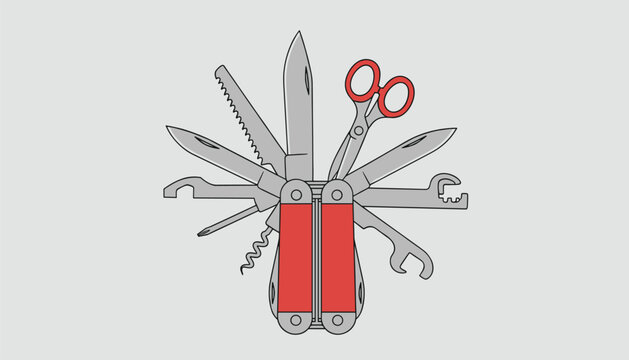 Red multipurpose pocket knife multi-tool with scissors, saws, and blades open on a neutral gray background.