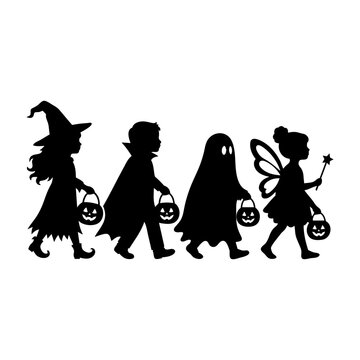 Halloween Kids Costume Silhouettes, Trick or Treat Children in Witch Vampire Ghost Fairy Costumes, Spooky Vector Clipart