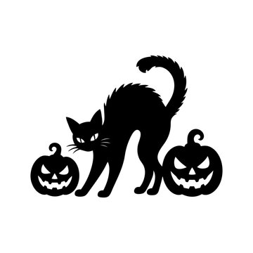Black Cat with Jack O Lantern Pumpkins Silhouette, Halloween Spooky Cat Vector Illustration, Creepy Autumn Clipart Design