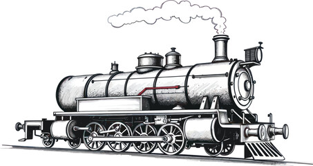 Vintage Steam Locomotive Hand Drawn Illustration with Smoke on Tracks for Transport Design © ZeinLens