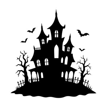 Spooky Haunted House Silhouette, Gothic Halloween Mansion with Bats and Dead Trees, Creepy Vector Clipart Illustration