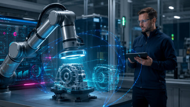 Physical AI Cobot Inspecting Smart Factory Digital Twin