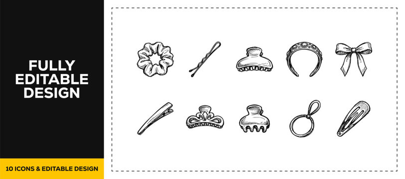 Black ink scribble hand drawn hair clips and bow ties icon set bundle featuring doodle sketch vector illustrations for beauty shop and fashion boutique branding design graphics art.