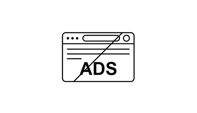 Minimalist line icon of a web browser page with the text ads crossed out to represent ad blocker software.