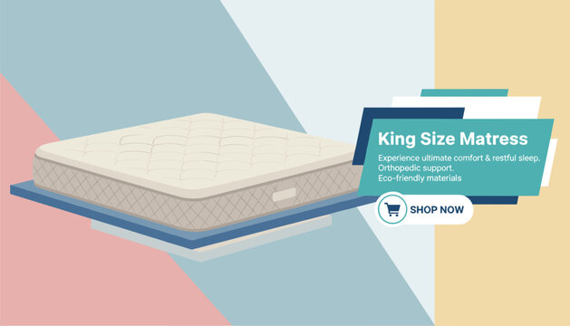 Promotional web banner for a king size mattress sale featuring comfort details and a shop now button.