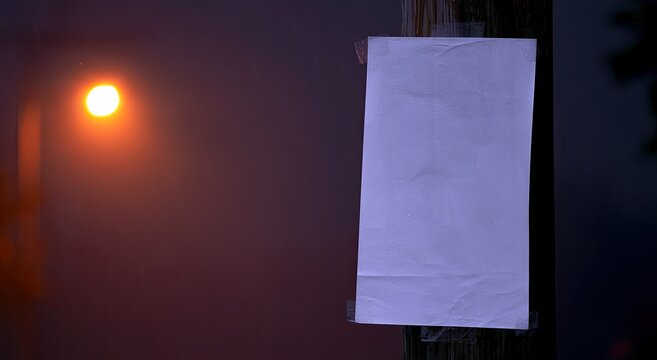 A blank, creased poster hangs on a pole under a hazy orange sunset sky