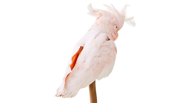 Salmon-crested cockatoo perched on a wooden stick