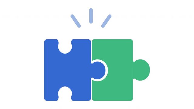 Flat vector animation of two puzzle pieces connecting, business solution, teamwork, and integration concept.