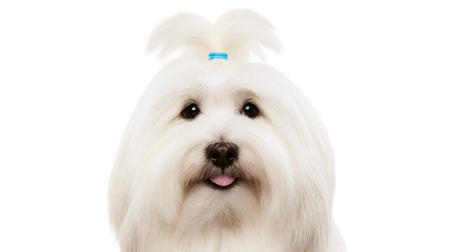Fluffy white Coton de Tulear dog with blue hair tie