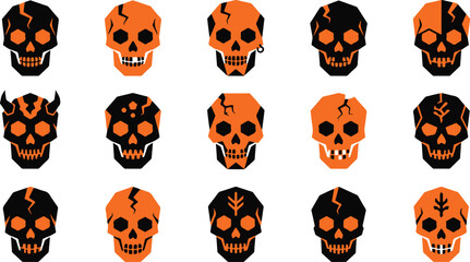Naklejka premium Set of fifteen decorative skulls in orange and black colors isolated on a white background for halloween design projects