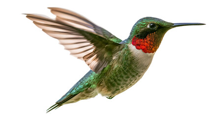 Ruby throated hummingbird with iridescent green feathers and red gorget in flight © Clementine