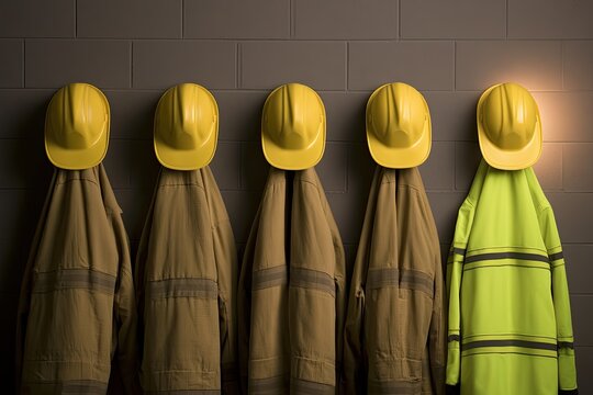 Five safety jackets and helmets hang on hooks, one stands out