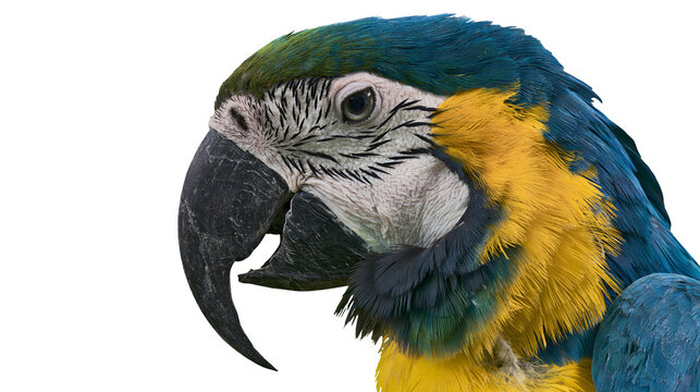 Blue and yellow macaw parrot head profile