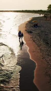 Aerial View Father Child Walk Beach Sunset Bonding