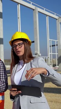 Female Architect and Construction Supervisor in Hard Hats Discussing Project on Construction Site. Concept of professional communication, gender diversity in engineering, and precise field supervision