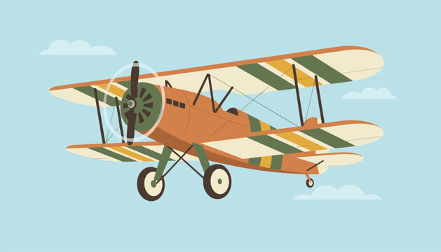 Classic orange and green biplane aircraft flying high in a light blue sky with fluffy white clouds.