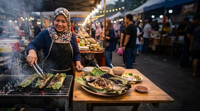 Smiling Malay woman in floral hijab grills traditional fish wrapped in banana leaves at a night market stall. Includes charcoal grill, smoke, and spicy sambal condiments under warm lights.