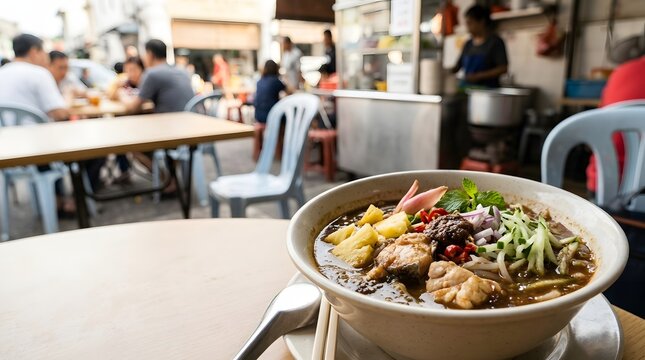 Penang Assam Laksa noodle soup with fish, pineapple, and cucumber garnishes served in a ceramic bowl on a table at a blurred outdoor Malaysian street food hawker center market.