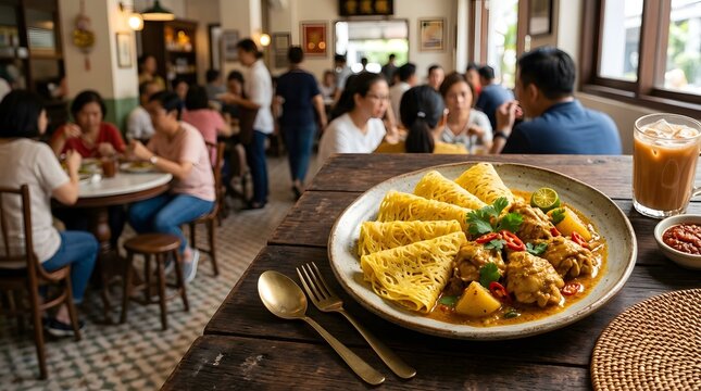 Traditional Malaysian Roti Jala net pancakes served with spicy chicken curry and potatoes on a plate in a busy restaurant with iced milk tea and sambal on a wooden table.