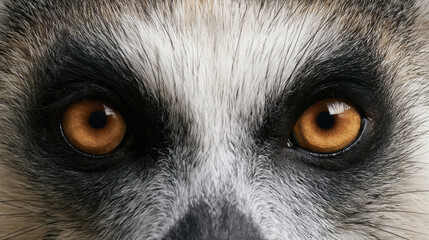Fototapeta premium Ring tailed lemur face close up amber eye black mask gray fur wildlife portrait animal gaze detailed fur close up exotic mammal Madagascar