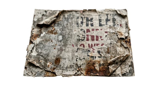Old weathered metal sign with peeling paint and rust isolated on transparent background