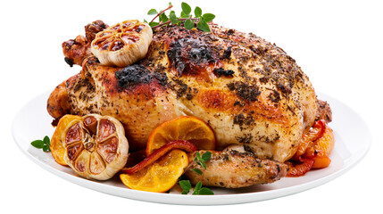 Whole roasted chicken with garlic and orange slices © Clementine