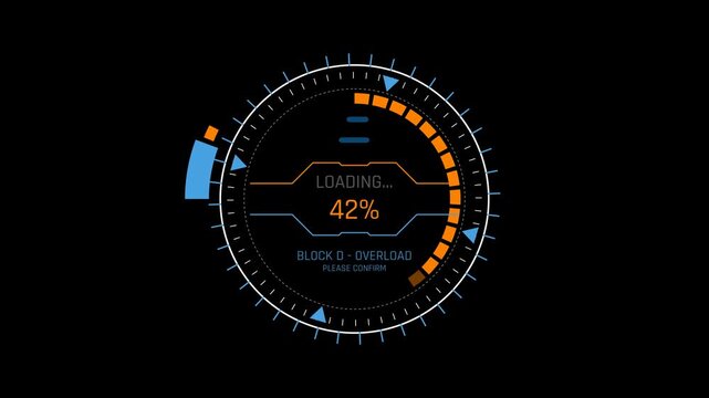 Futuristic Sci Fi HUD Circular Progress Bar with Orbiting Arc Slider and Block Overload Status Tag