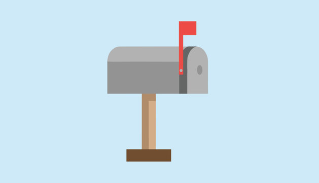 Simple gray mailbox on a wooden post with its red notification flag raised against a light blue background.