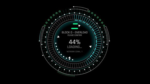 Futuristic Sci Fi HUD Circular Progress Bar with Block Overload Tag and Network Status