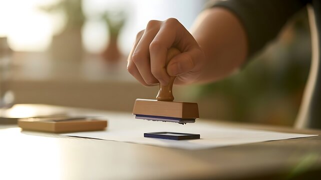 Hand using a wooden rubber stamp on a white paper document on a desk for official business approval and administrative procedures