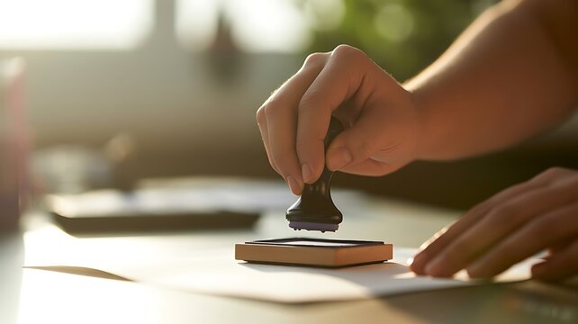 Hand pressing a wooden rubber stamp onto a white paper document on a desk with soft natural sunlight creating a warm atmosphere in the office