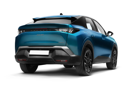 Rear right angle studio photo of a modern bluish green Peugeot 3008 hybrid SUV isolated on a white background, showcasing its stylish taillights, sleek rear end, and alloy wheels.