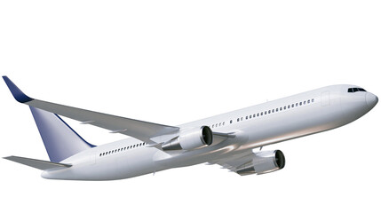 White passenger airplane with blue tail fin and wingtips in flight © Clementine