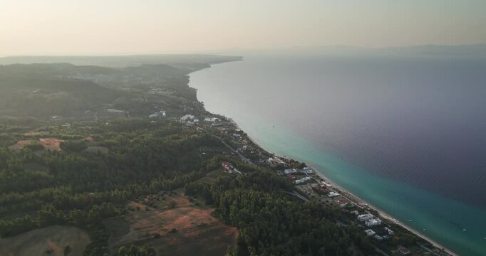 Aerial Sunset View of Kassandra Peninsula Coastline in Greece
